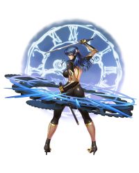 1girl ass blue_hair bodysuit breasts covered_eyes curvy female_focus highres katana large_breasts lilith-soft long_hair looking_back shika_asatsuki simple_background smile solo sword taimanin_(series) taimanin_asagi taimanin_rpgx weapon white_background zol