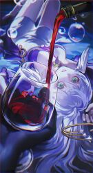 Rule 34 | 1girl, 1other, alcohol, bare shoulders, bottle, commentary, cup, cupping glass, dress, green eyes, grey hair, grin, highres, holding, holding cup, honkai: star rail, honkai (series), looking at viewer, lying, on back, parted lips, pouring, robin (honkai: star rail), smile, strapless, strapless dress, thighs, thijikoy, wine
