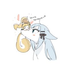 Rule 34 | animal, animal focus, animalization, ap bar, black bow, blonde hair, blue eyes, blue hair, blush, bow, closed eyes, cropped torso, emily stewart, fox, from side, hair bow, heart, idolmaster, idolmaster million live!, idolmaster million live! theater days, long hair, loose hair strand, no humans, open mouth, shiraishi tsumugi, simple background, smile, squirrel, white background