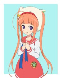 Rule 34 | 1girl, ahoge, animal hat, bell, blue ribbon, blush stickers, cat hat, cowboy shot, etotama, extra ears, hair ornament, hat, jingle bell, long hair, long sidelocks, looking at viewer, naa-tan, orange hair, own hands clasped, own hands together, paw print, purple eyes, red sailor collar, red skirt, ribbon, sailor collar, shimoyyy, sidelocks, simple background, skirt, smile, solo, standing, twintails, wing hair ornament