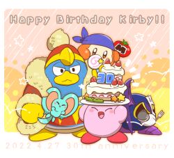 anniversary arm_at_side bandana bandana_waddle_dee bebe_0620 black_eyes border cake candy coat elfilin food fork hat holding holding_fork king_dedede kirby kirby_(series) lollipop maxim_tomato meta_knight nintendo no_humans plate red_coat red_hat white_border wings