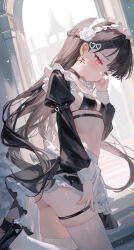 1girl absurdres apron ass bikini black_bikini black_choker black_hair black_shoes black_skirt black_sleeves braid breasts choker closed_mouth detached_sleeves earrings frilled_sleeves frills frown highres jewelry juliet_sleeves leg_up long_sleeves looking_down maid maid_apron maid_headdress miniskirt moemoepiano original pink_eyes puffy_sleeves shoes skindentation skirt small_breasts solo standing standing_on_one_leg stomach string_bikini swimsuit thigh_strap thighhighs waist_apron white_thighhighs