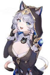Rule 34 | 1girl, animal ears, animal hood, black gloves, blue eyes, breasts, cat ears, cat girl, cat hood, cat tail, cipher (honkai: star rail), cleavage, commentary request, fangs, fingerless gloves, gloves, grey hair, highres, honkai: star rail, honkai (series), hood, mole, mole on breast, open mouth, revision, short hair with long locks, simple background, solo, suwa (swk kkk), tail, upper body, white background