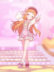 1girl ^_^ arched_bangs arms_up ascot bare_legs blunt_bangs blush closed_eyes double_v euphoniummatsu full_body grin hashtag-only_commentary hat highres ichihara_nina idolmaster idolmaster_cinderella_girls idolmaster_cinderella_girls_starlight_stage long_hair orange_hair pink_hat pink_sailor_collar pink_shirt pink_shoes sailor_collar shirt shoes shorts smile socks solo stage straight_hair suspender_shorts suspenders v v_over_eye very_long_hair walking white_shirt white_socks yellow_ascot