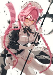 1girl absurdres animal_ears bell belt black_belt black_bow black_bowtie black_dress blush bow bowtie braid breasts center_frills commentary debris dress frilled_dress frills glasses gloves hair_intakes hair_ornament hair_tie hairclip highres holding holding_scythe hololive hololive_english jingle_bell large_breasts long_hair looking_at_viewer maid maid_headdress mogu_(au1127) multicolored_hair neck_bell open_mouth panther_ears panther_girl panther_tail pink_hair pink_tail raora_panthera sad scythe simple_background solo streaked_hair tail tears thighhighs thighs twin_braids twintails two-tone_hair underbust virtual_youtuber white_background white_gloves white_thighhighs yellow_eyes