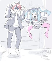 1boy 1girl amemiya_darumi black_hair blue_eyes blue_hair closed_eyes ear_piercing earrings heart jewelry jumping legs_apart long_hair long_sleeves makeup multicolored_hair open_mouth piercing pink_thighhighs red_hair runny_makeup simple_background sketch smile spread_legs sumino_takumi the_hundred_line_-last_defense_academy- thighhighs twintails white_background