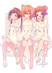 3girls animal_ears blue_eyes blue_hair blush brown_eyes brown_hair cat_ears cat_girl cat_tail chariki comiket_98 dress full_body highres indie_virtual_youtuber kurumi_moyo long_hair looking_at_viewer matching_outfits mico_houri multiple_girls orange_eyes orange_hair suzunari_roco tail twintails very_long_hair virtual_youtuber white_background