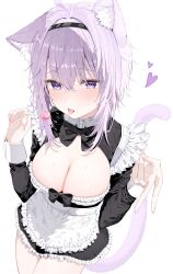 Rule 34 | 1girl, absurdres, ahoge, alternate costume, animal ear fluff, animal ears, apron, black bow, black bowtie, black dress, black hairband, bow, bowtie, breasts, cat ears, cat girl, cat tail, cleavage, cleavage cutout, clothing cutout, commentary, crossed bangs, double-parted bangs, dress, food, frilled apron, frilled dress, frills, hair between eyes, hairband, highres, holding, holding food, holding popsicle, hololive, long sleeves, looking at viewer, medium hair, messy hair, nekomata okayu, nikumega, popsicle, purple eyes, purple hair, saliva, saliva trail, short dress, simple background, smile, solo, tail, tongue, tongue out, traditional bowtie, v, virtual youtuber, white apron