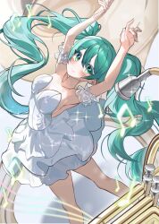 1girl absurdres alternate_costume aqua_eyes aqua_hair armpits arms_up ballerina ballet ballet_dress blush breasts closed_mouth collarbone dress frilled_dress frills hair_between_eyes hatsune_miku highres kaka_ka_k long_hair medium_breasts musical_note smile solo strapless strapless_dress twintails very_long_hair vocaloid white_dress