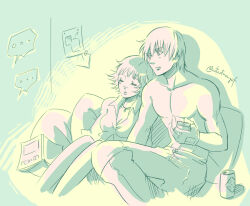 Rule 34 | ..., 1boy, 1girl, allie (united f), book, can, dante (devil may cry), devil may cry, devil may cry (series), devil may cry 3, fingerless gloves, gloves, head on another&#039;s shoulder, jewelry, lady (devil may cry), necklace, no shirt, pants, shirt, sitting, sleeping