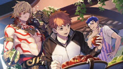 3boys abs apple apron arm_tattoo armlet armor black_coat blonde_hair blue_hair braid chest_tattoo clawed_gauntlets coat commentary_request cu_chulainn_(fate) cu_chulainn_(fate/stay_night) earrings emiya_shirou facial_tattoo fate/stay_night fate_(series) food fruit gold_earrings gold_necklace gradient_hair guest_art hair_between_eyes highres holding holding_food holding_fruit honkai:_star_rail honkai_(series) jacket jewelry male_focus medium_hair multicolored_hair multiple_boys mydei_(honkai:_star_rail) necklace open_clothes open_coat pauldrons purple_apron red_hair red_tattoo shirt short_hair shoulder_armor side_braid single_pauldron tattoo teita_(88_taho) toned toned_male yellow_eyes