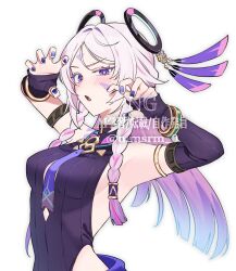 1girl armlet armpits bare_shoulders black_leotard blue_eyes blue_nails blush bracelet braid breasts bridal_gauntlets citlali_(genshin_impact) clothing_cutout facial_mark fingernails forehead_mark genshin_impact gold_bracelet gold_necklace gradient_hair hair_ornament hands_up highres jewelry leotard long_hair looking_at_viewer medium_breasts momosarami multicolored_hair nail_polish necklace open_mouth pink_hair pink_pupils purple_hair simple_background solo twin_braids upper_body watermark white_background