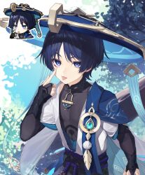 Rule 34 | 1boy, akanbe, anemo symbol (genshin impact), animal print, aqua gemstone, aqua pupils, arm at side, armor, belt, bird print, black belt, black bodysuit, black bow, black bridal gauntlets, black hair, blue cape, blue hat, blue kimono, blue sleeves, blunt ends, bodysuit, bow, branch, bridal gauntlets, cape, chibi, chibi inset, covered collarbone, ebibi chiriri, eyelid pull, eyeliner, eyeshadow, feathers, finger to eye, fingernails, furisode, gem, genshin impact, gold, gold ring, hand up, hat, highres, index finger raised, japanese armor, japanese clothes, jingasa, juban, kimono, kote, kurokote, layered sleeves, looking at viewer, makeup, male focus, mandarin collar, middle ring, official art inset, open clothes, open kimono, outdoors, parted bangs, pom pom (clothes), product placement, purple eyes, purple rope, purple sash, red eyeliner, red eyeshadow, rope, sash, scaramouche (genshin impact), short sleeves, shoulder peek, solo, tongue, tongue out, tsurime, upper body, vision (genshin impact), wanderer (genshin impact), white kimono, white sleeves, white trim, yellow feathers