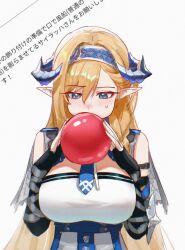 1girl absurdres arknights balloon bare_shoulders black_gloves blonde_hair blue_hairband blue_necktie blush dress elbow_gloves fingerless_gloves gloves hair_between_eyes hairband highres holding holding_balloon horns long_hair necktie pointy_ears saileach_(arknights) sleeveless sleeveless_dress solo sweat uof white_dress