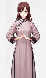 1girl absurdres brown_hair changpao china_dress chinese_clothes dress fighting fighting_stance highres kokoro_no_koibito kung_fu long_hair looking_at_viewer martial_arts monk original self-upload shaolin_monk solo tangzhuang training