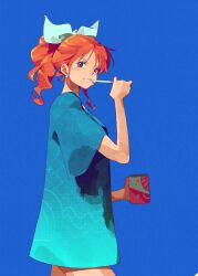 Rule 34 | 1girl, absurdres, alternate costume, alternate hairstyle, blue background, blue shirt, blush, bow, brown eyes, brushing teeth, closed mouth, commentary, cowboy shot, cup, earrings, from side, hair bow, hair up, high ponytail, highres, holding, holding cup, jewelry, long hair, looking at viewer, nami (one piece), no pants, one piece, orange hair, pearl earrings, ponytail, sanam 1piece, shirt, short sleeves, sidelocks, solo, symbol-only commentary, wavy hair, white bow
