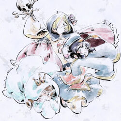 Rule 34 | 3girls, :&gt;, black cloak, black dress, black hair, black hat, blonde hair, blush, brown hair, cloak, crown, dress, flower, ghost costume, green eyes, grin, hair over one eye, hat, holding, holding staff, hood, hood up, hooded cloak, hooded robe, idolmaster, idolmaster cinderella girls, imay3927, jiangshi costume, long bangs, looking at viewer, mini crown, morikubo nono, multiple girls, ofuda, ofuda on head, open mouth, outstretched arms, purple eyes, red eyes, ringlets, robe, rose, shirasaka koume, shirt, short hair, sidelocks, simple background, sleeves past fingers, sleeves past wrists, smile, staff, tareme, watercolor effect, white background, white robe, yao fueifuei, yellow shirt, zombie pose