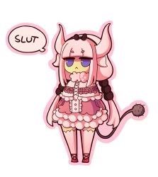10s 1girl :&lt; arms_at_sides blue_eyes blunt_bangs capelet chibi daigada english_text female_focus full_body fur_trim hair_bobbles hair_ornament hairband highres horns jitome kanna_kamui kobayashi-san_chi_no_maidragon low_twintails miniskirt outline pink_hair pink_outline pink_shirt pink_theme profanity raised_eyebrows shirt short_eyebrows skirt solo speech_bubble standing tail thighhighs thighs transparent_background twintails v-shaped_eyebrows white_thighhighs zettai_ryouiki