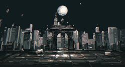 Rule 34 | 2girls, arch, building, city, floating, highres, ligne claire, midair, moon, multiple girls, outdoors, reverse:1999, rubble, zhizhizi