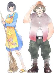 1boy 1girl aged_up animal_print apron beard beard_stubble belt belt_buckle black_belt blue_dress bob_cut boots breasts buckle buttons cargo_pants chick_print dress facial_hair fat fat_man fedora fish_print floral_print gradient_clothes gradient_shirt green_pants hair_between_eyes hand_in_pocket hand_on_own_hat hashida_itaru hat kneehighs leather leather_belt leather_boots long_skirt long_sleeves medium_breasts mustache mustache_stubble name_tag official_art open_collar pants partially_unbuttoned pleated_skirt popped_button red_shirt sandals shiina_mayuri shirt skirt smile socks steins;gate steins;gate:_the_committee_of_antimatter stubble t-shirt white_shirt white_socks yellow_apron yoshida_tadasu