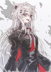 1girl :d absurdres animal_ear_fluff animal_ears arknights black_jacket black_skirt breasts fang grey_background grey_eyes grey_hair hair_between_eyes hair_ornament hairclip high-waist_skirt highres jacket lappland_(arknights) lappland_the_decadenza_(arknights) long_sleeves looking_at_viewer medium_breasts open_clothes open_jacket open_mouth sao7 shirt sketch skirt smile solo white_shirt