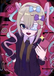 1girl bandaid_on_eye black_necktie black_skirt blonde_hair blue_eyes blue_hair blue_nails bow brown_vest chouzetsusaikawa_tenshi-chan collar colored_tips cosplay formal_clothes from_above hair_bow hand_on_own_hip highres holding holding_phone looking_at_viewer monitoring_(vocaloid) multicolored_hair multiple_hair_bows necktie needy_girl_overdose open_mouth parody phone pink_hair popped_collar quad_tails sidelocks skirt solo sparkle star_(symbol) suit too_many_eyes upper_body vest white_collar yuriyalloween