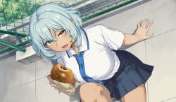 1girl aqua_hair artist_request bare_legs breasts food highres holding holding_food kurotani_kai large_breasts lilith-soft looking_at_viewer official_art official_wallpaper outdoors plaid_clothes plaid_skirt school_uniform sitting skirt smile solo taimanin_(series) taimanin_rpgx wide_hips yellow_eyes