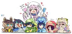Rule 34 | 2boys, 5girls, absurdres, aged down, alternate costume, black hair, blue eyes, blush, braid, brown hair, candy, chasca (genshin impact), chibi, citlali (genshin impact), closed eyes, cosplay, english text, facial tattoo, flying sweatdrops, food, genshin impact, green eyes, heart, heterochromia, highres, holding, holding candy, holding food, holding lollipop, iktomisaurus (genshin impact), kachina (genshin impact), kinich (genshin impact), koholasaurus (genshin impact), lollipop, mualani (genshin impact), multicolored hair, multiple boys, multiple girls, ororon (genshin impact), pink eyes, pink hair, purple eyes, purple hair, qucusaurus (genshin impact), sesield, sweat, tatankasaurus (genshin impact), tattoo, tepetlisaurus (genshin impact), twin braids, twintails, varesa (genshin impact), white hair, yellow eyes, yumkasaurus (genshin impact)