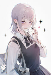Rule 34 | 1girl, absurdres, bag, black dress, chainsaw man, character doll, collared shirt, doll, dress, earrings, fami (chainsaw man), famine devil (chainsaw man), fourth east high school uniform, grey hair, highres, ivdimension, jewelry, long sleeves, looking at viewer, medium hair, mole, mole under eye, mole under mouth, multiple moles, open mouth, pinafore dress, purple eyes, ringed eyes, school bag, school uniform, shirt, sleeveless, sleeveless dress, smile, teeth, white background