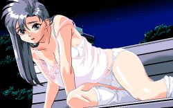 1girl aoyama_misao bench breasts can_can_bunny_extra cleavage dithering female_focus game_cg grey_eyes long_hair medium_breasts night non-web_source outdoors panties pc-98_(style) silver_hair sogna solo strap_slip takahashi_shin&#039;ya_(harii_shin&#039;ya) tank_top underwear white_legwear white_panties