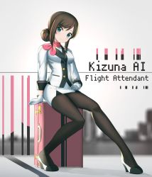 1girl bad_id bad_nicoseiga_id black_pantyhose blush breasts brown_hair female_focus flight_attendant full_body gloves green_eyes hair_bun high_heels iwahana kizuna_ai kizuna_ai_inc. legs long_hair long_sleeves looking_at_viewer medium_breasts multicolored_hair pantyhose pencil_skirt pink_hair single_hair_bun sitting skirt smile solo streaked_hair suitcase travel_attendant uniform virtual_youtuber white_gloves