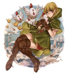 1girl bird blonde_hair boots braid brown_footwear chicken compass cucco gloves highres hyrule_warriors leather leather_boots leather_gloves linkle looking_at_viewer neaze nintendo smile the_legend_of_zelda thigh_boots thighhighs twin_braids