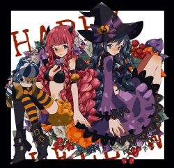 Rule 34 | 2girls, baby 5, bikini, black bikini, black border, blue hair, blunt bangs, boots, border, braided sidelock, cigarette, commentary request, dress, drill hair, flower, full body, hair flower, hair ornament, happy halloween, hat, highres, horns, kumacy, long hair, long sleeves, looking back, mask, mouth mask, multiple girls, noise pp, one piece, perona, pink hair, puffy shorts, purple dress, shorts, stuffed toy, swimsuit, thighhighs, very long hair, white background, witch hat