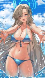 1girl absurdres asuna_(blue_archive) bikini blue_archive blue_bikini blue_eyes breasts brown_hair cleavage cloud cloudy_sky collarbone front-tie_bikini_top front-tie_top highres large_breasts long_hair looking_at_viewer mole mole_on_breast navel ocean open_mouth reaching reaching_towards_viewer side-tie_bikini_bottom sky solo splashing swimsuit theory_(oortcloud1111) tongue water wet