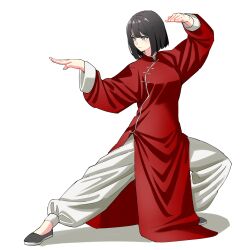 1girl black_hair china_dress chinese_clothes dress fighting fighting_stance highres kokoro_no_koibito kung_fu martial_arts martial_arts_belt monk original red_dress self-upload shaolin_monk short_hair solo tangzhuang training