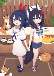 2girls :d animal animal_ears bare_arms belt belt_buckle beret black_hair black_sailor_collar blue_eyes blue_hair blue_neckerchief blue_sandals blue_shoes blue_shorts blush bow brooch brown_belt buckle crop_top cup dress fang flower fox fox_ears fox_girl fox_tail hair_between_eyes hair_flower hair_ornament hair_ribbon hat heart highres holding holding_hands holding_plate holding_tray jewelry long_hair looking_at_viewer midriff multiple_girls navel neckerchief open_mouth original plate ponytail red_flower red_ribbon ribbon sailor_collar sailor_dress saisoku_no_yukkuri sandals saucer shirt shoes short_shorts short_sleeves shorts sleeveless sleeveless_shirt smile socks spoon striped_bow tail tray white_dress white_hat white_sailor_collar white_shirt white_socks