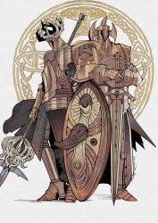 2others armor commentary crucible_knight elden_ring full_armor gauntlets gold gold_armor greaves helm helmet herheim highres holding holding_polearm holding_sword holding_weapon lance multiple_others polearm shield sword weapon white_background