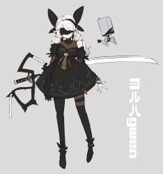 1girl 2b_(nier:automata) 2b_(nier:automata)_(cosplay) absurdres ahoge bare_shoulders black_blindfold black_bow black_dress black_pantyhose blindfold bow breasts closed_mouth cosplay dress full_body gwen_(league_of_legends) hair_bow hair_ornament highres juliet_sleeves katana large_breasts league_of_legends long_hair long_sleeves monakan_japan pantyhose puffy_sleeves simple_background sword translation_request weapon white_hair x_hair_ornament
