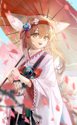 Rule 34 | 1girl, :d, absurdres, animal ear fluff, animal ears, apron, arknights, blonde hair, blurry, coin purse, cowboy shot, depth of field, falling petals, flower, fox ears, fox girl, fox tail, frilled apron, frills, green eyes, hair between eyes, hair flower, hair ornament, hair ribbon, hairband, highres, holding, holding umbrella, ikag, japanese clothes, kimono, kitsune, kyuubi, long hair, long sleeves, looking at viewer, multiple tails, obi, official alternate costume, oil-paper umbrella, open mouth, outdoors, petals, pink kimono, pinwheel, red hairband, red ribbon, red umbrella, ribbon, sash, sidelocks, smile, solo, suzuran (arknights), suzuran (yukibare) (arknights), tail, tassel, teeth, umbrella, upper teeth only, waist apron, white apron, white flower, wide sleeves, yagasuri, yellow flower