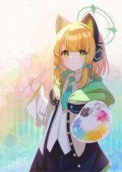 &gt;:) 1girl absurdres animal_ear_headphones animal_ears aqua_bow aqua_necktie black_coat black_skirt blonde_hair blue_archive blunt_bangs bow buttons cat_ears chinese_commentary coat collared_shirt colorful_background commentary_request fake_animal_ears green_coat green_eyes green_halo hair_bow halo headphones highres holding holding_brush holding_paint_palette looking_at_viewer medium_hair midori_(blue_archive) multicolored_coat necktie open_clothes open_coat paint_palette shirt short_necktie simple_background skirt solo tareme two-sided_coat two-sided_fabric v-shaped_eyebrows white_coat white_shirt ximilulu