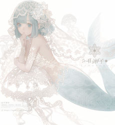 1girl absurdres artist_name bare_shoulders eyebrows green_eyes green_hair highres looking_at_viewer mermaid monster_girl original parted_lips senryoko short_hair signature solo veil