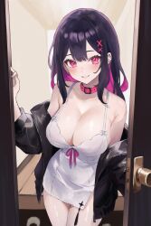 1girl babydoll bare_shoulders belt_collar black_jacket blush bow bow_babydoll breasts center-flap_bangs collar collarbone colored_inner_hair commentary door doorknob doorway dot_nose double-parted_bangs entrance fingernails hair_between_eyes hair_ornament highres jacket jacket_partially_removed large_breasts lingerie long_fingernails long_hair long_sleeves looking_at_viewer multicolored_hair nail_polish negligee open_mouth opening_door original pink_bow pink_collar pink_eyes pink_nails pov_doorway sidelocks smile solo spaghetti_strap standing two-tone_hair underwear white_babydoll x_hair_ornament y_uunaa