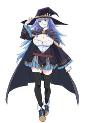 1girl anime_coloring aqua_eyes belt black_cloak black_thighhighs blue_hair breasts character_name charlotte_wraith cleavage cloak eyebrows_hidden_by_hair full_body hand_on_headwear hat high_heels jitome large_breasts large_hat long_hair looking_at_viewer miniskirt open_mouth purple_robe robe simple_background skirt smile solo standing tachi-e teeth tensei_kizoku_kantei_skill_de_nariagaru thighhighs thighs transparent_background witch_hat yahiro_yuuko zettai_ryouiki