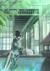 1girl architecture bamboo barefoot black_hair blurry blurry_foreground cat cherry_blossom_print commentary_request earrings east_asian_architecture floral_print floral_print_kimono flower green_eyes green_flower green_kimono green_theme hair_flower hair_ornament hair_stick highres japanese_clothes jewelry kimono looking_at_animal obi obijime oiro_ik original outdoors print_kimono purple_flower rain sandals sash sitting solo unworn_sandals white_flower white_sash zouri