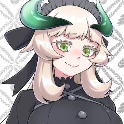 1girl black_dress blonde_hair breasts chamber_dragonmaid close-up dragon_girl dragon_horns dress fang green_eyes horns large_breasts maid maid_headdress simple_background skin_fang solo white_background yata_masahara yu-gi-oh!