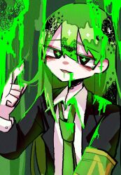 1boy armband black_suit collared_shirt dripping drooling formal_clothes green_armband green_hair green_necktie hair_between_eyes index_finger_raised lobotomy_corporation long_hair looking_at_viewer male_focus melting multiple_monochrome necktie netzach_(project_moon) open_mouth plus_sign project_moon shirt slime_(substance) slime_on_head solo suit symbol-shaped_pupils upper_body very_long_hair wakamea2a2 white_shirt