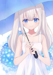 1girl :&gt; blue_eyes blue_flower blue_umbrella closed_mouth collarbone dress flower furutori hair_between_eyes highres holding holding_umbrella long_hair looking_at_viewer original sidelocks smile solo sundress twintails umbrella upper_body white_dress white_hair