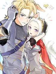 1boy 1girl animal_ears arm_up armor armored_gloves armored_skirt belt black_gloves blonde_hair blue_belt blue_eyes breastplate cape cat_ears chest_belt commentary_request dimitri_alexandre_blaiddyd dog_ears edelgard_von_hresvelg fire_emblem fire_emblem:_three_houses fire_emblem_warriors:_three_hopes fur_trim gauntlets gloves grey_fur hair_between_eyes hand_in_own_hair highres ikaikakka kemonomimi_mode nintendo notice_lines official_alternate_costume official_alternate_hairstyle open_mouth parted_lips pauldrons purple_eyes red_cape red_skirt shoulder_armor skirt sweat sweatdrop tail teeth tiara upper_teeth_only white_hair