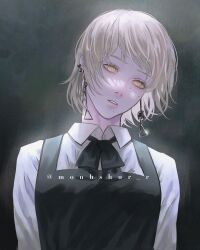 1girl black_dress blonde_hair chainsaw_man commentary_request dress earrings fami_(chainsaw_man) fourth_east_high_school_uniform glint head_tilt highres instagram_username jewelry mole mole_under_eye mole_under_mouth mongolian_commentary monhshur_r parted_lips school_uniform shirt short_hair solo white_shirt yellow_eyes