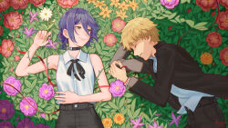 1boy 1girl absurdres afureru_colors black_choker black_pants black_shorts blonde_hair chainsaw_man choker closed_eyes collared_shirt denji_(chainsaw_man) flower gakuran green_eyes hair_between_eyes hair_bun highres lying on_back on_side pants purple_hair red_flower reze_(chainsaw_man) school_uniform shirt shorts sleeveless sleeveless_shirt white_flower white_shirt yellow_flower